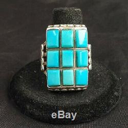 A+ VINTAGE ZUNI STERLING SILVER TURQUOISE COBBLESTONE INLAY MEN'S RING size 9