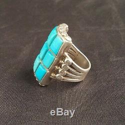 A+ VINTAGE ZUNI STERLING SILVER TURQUOISE COBBLESTONE INLAY MEN'S RING size 9