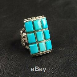 A+ VINTAGE ZUNI STERLING SILVER TURQUOISE COBBLESTONE INLAY MEN'S RING size 9