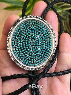 A+ Vintage Petit Point NAVAJO Zuni TURQUOISE Sterling Silver Bolo Tie Necklace