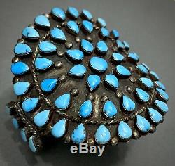 AMAZING HUGE Vintage 40s ZUNI Sterling Silver Turquoise Cluster Cuff Bracelet