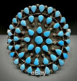 AMAZING HUGE Vintage 40s ZUNI Sterling Silver Turquoise Cluster Cuff Bracelet