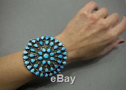 AMAZING HUGE Vintage 40s ZUNI Sterling Silver Turquoise Cluster Cuff Bracelet