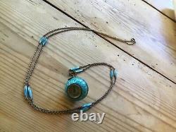 ATC Nadine Sterling Enamel Guilloche Ball Pendant Swiss Watch Chain Tiffany blue