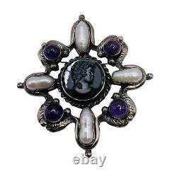 Amethyst Pearl Cameo 925 Sterling Silver Brooch Pendant Vintage Estate