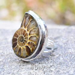 Ammonite Fossil Gemstone 925 Sterling Silver Ring Jewelry Size 10.75 D-06