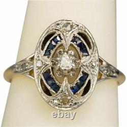 Antique Art Deco Blue Sapphire White Diamond Jewelry Vintage Ring 925 Silver YU3