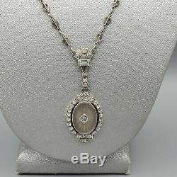 Antique Art Deco Camphor Glass Sterling Silver Etched Heart Chain Necklace 17