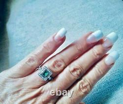 Antique Art Deco Vintage Emerald & Diamond Halo Solid Ring 14K White Gold Finish