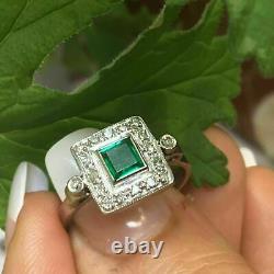 Antique Art Deco Vintage Emerald & Diamond Halo Solid Ring 14K White Gold Finish