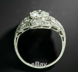 Antique Art Deco Vintage Engagement Ring 2 Ct Round Diamond 14K White Gold Over