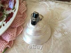 Antique Art Deco Vintage Jewelry Sterling Silver Ring Jet Black Onyx Marcasites