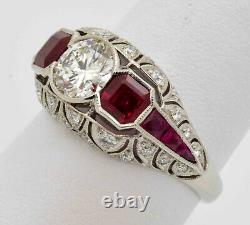 Antique Art Deco White And Red Ruby Diamond Vintage Engagement Ring 925 Silver
