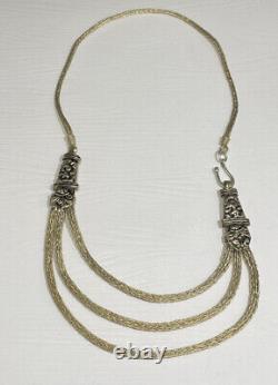 Antique Art Noveau Sterling Silver Three Strand Necklace Ornate Pattern 19 Inch