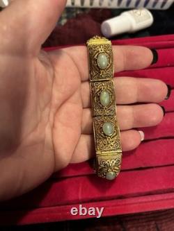 Antique Chinese Export Apple Green Jade Sterling Silver Gold Plated Bracelet 6