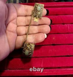 Antique Chinese Export Apple Green Jade Sterling Silver Gold Plated Bracelet 6