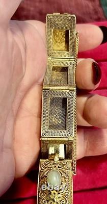 Antique Chinese Export Apple Green Jade Sterling Silver Gold Plated Bracelet 6