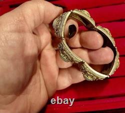 Antique Chinese Export Apple Green Jade Sterling Silver Gold Plated Bracelet 6