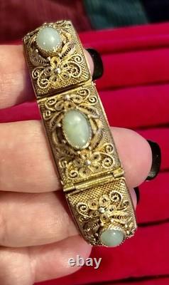 Antique Chinese Export Apple Green Jade Sterling Silver Gold Plated Bracelet 6