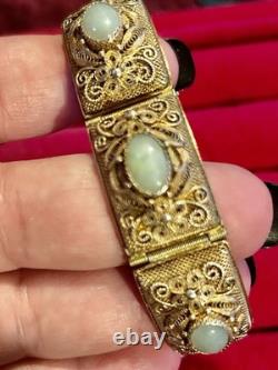 Antique Chinese Export Apple Green Jade Sterling Silver Gold Plated Bracelet 6