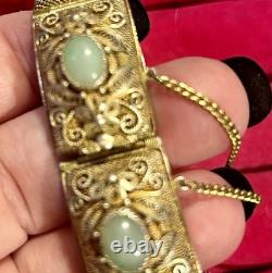 Antique Chinese Export Apple Green Jade Sterling Silver Gold Plated Bracelet 6