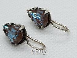 Antique Edwardian Foiled Saphiret Glass Sterling Silver Vintage Earring