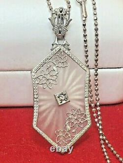 Antique Estate Sterling Silver Camphor Glass Diamond Pendant Necklace Art Deco