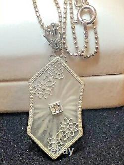 Antique Estate Sterling Silver Camphor Glass Diamond Pendant Necklace Art Deco