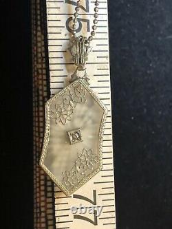 Antique Estate Sterling Silver Camphor Glass Diamond Pendant Necklace Art Deco