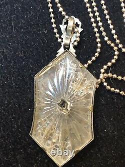 Antique Estate Sterling Silver Camphor Glass Diamond Pendant Necklace Art Deco