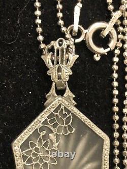 Antique Estate Sterling Silver Camphor Glass Diamond Pendant Necklace Art Deco