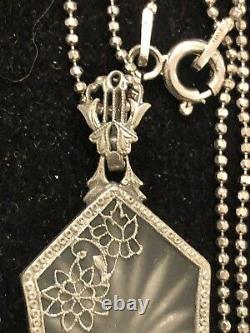 Antique Estate Sterling Silver Camphor Glass Diamond Pendant Necklace Art Deco