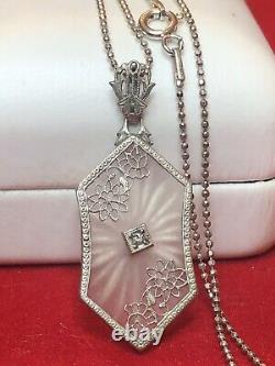 Antique Estate Sterling Silver Camphor Glass Diamond Pendant Necklace Art Deco