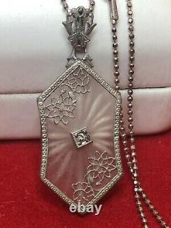 Antique Estate Sterling Silver Camphor Glass Diamond Pendant Necklace Art Deco