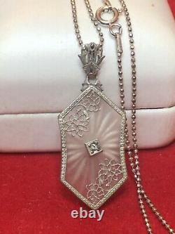 Antique Estate Sterling Silver Camphor Glass Diamond Pendant Necklace Art Deco