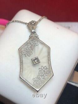 Antique Estate Sterling Silver Camphor Glass Diamond Pendant Necklace Art Deco