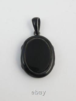 Antique French Sterling Silver Black Enamel & Onyx Locket Pendant Mourning Hair