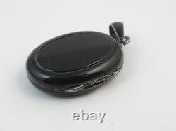 Antique French Sterling Silver Black Enamel & Onyx Locket Pendant Mourning Hair