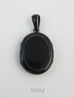 Antique French Sterling Silver Black Enamel & Onyx Locket Pendant Mourning Hair