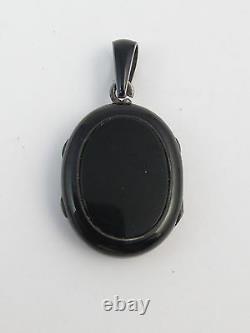 Antique French Sterling Silver Black Enamel & Onyx Locket Pendant Mourning Hair