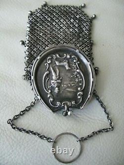 Antique STERLING Silver Chatelaine HUNTING SCENE 8 Tassel Chain Mail Coin Purse