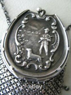 Antique STERLING Silver Chatelaine HUNTING SCENE 8 Tassel Chain Mail Coin Purse