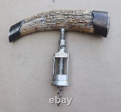 Antique Sterling Silver Wine Bottle Cork Opener Corkscrew Vintage Stag Handle