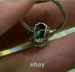 Antique Style Art Deco 1.50Ct Emerald Cut Emerald Ring 14K White Gold FN 925 SS