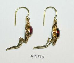 Antique Victorian Etruscan Revival Signed Ruby Red Cabochon Gemstone Earrings