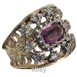 Antique Victorian Rose-Cut Diamond Amethyst 18K Rose Gold Sterling Silver Ring