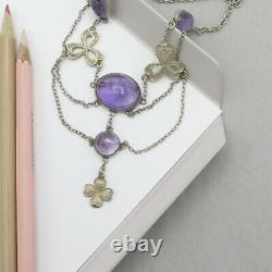 Antique Victorian Sterling Silver Natural Amethyst Festoon Swag Clover Necklace