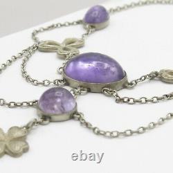 Antique Victorian Sterling Silver Natural Amethyst Festoon Swag Clover Necklace