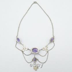 Antique Victorian Sterling Silver Natural Amethyst Festoon Swag Clover Necklace