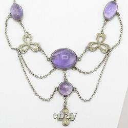 Antique Victorian Sterling Silver Natural Amethyst Festoon Swag Clover Necklace